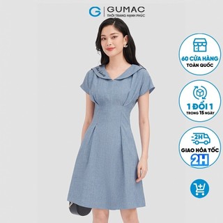 Đầm chữ A nữ họa tiết thêu thời trang GUMAC màu xanh DC09036