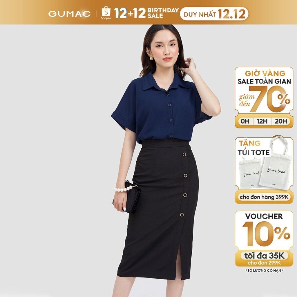 Chân váy nữ GUMAC midi phối nút VC06046
