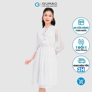 Đầm họa tiết chấm bi cổ nơ nhún eo gumac ld1012
