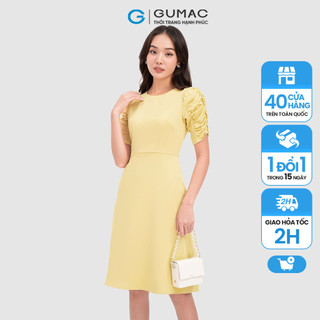 Đầm nữ thời trang gumac màu vàng dáng chữ a phối tay nhún dc07050