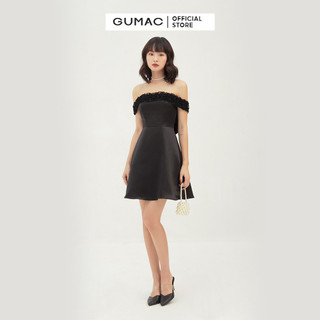 Đầm dự tiệc bẹt vai GUMAC thiết kế nhấn vai quyến rũ, màu đen DB383