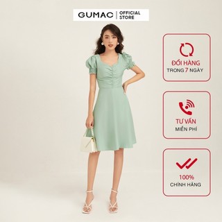 Đầm ôm nữ GUMAC nhún ngực tay phồng, thiết kế mới màu xanh đủ size DB1119