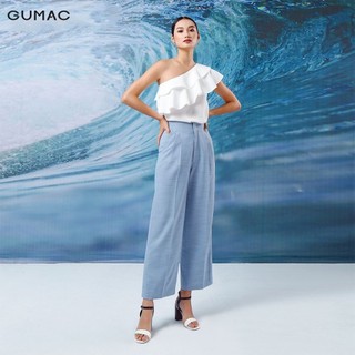 Quần tây nữ GUMAC lưng cao, ống rộng thời trang màu xanh QA12107