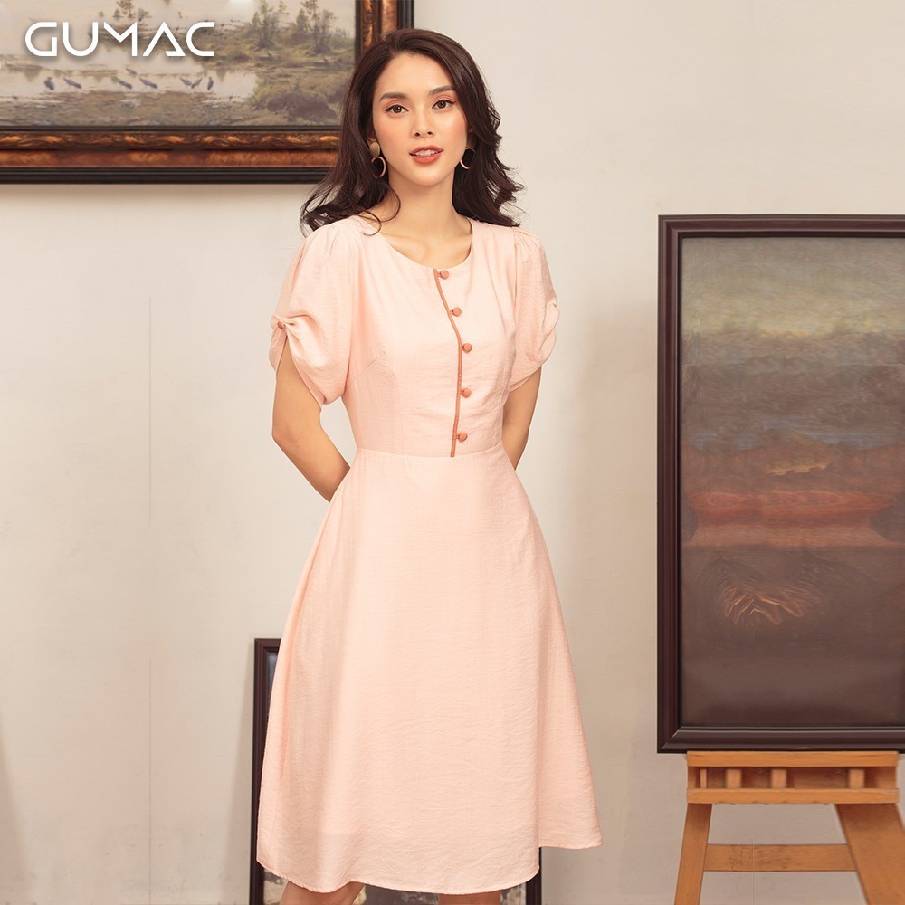 Đầm tay phồng nút bọc cho Mẹ GUMAC DA404