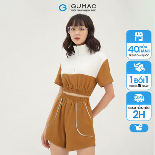 Áo thun croptop nữ tay ngắn phối dây kéo GUMAC màu nâu, đủ size AB319