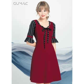 Đầm phối sọc nơ cổ GUMAC MS04934