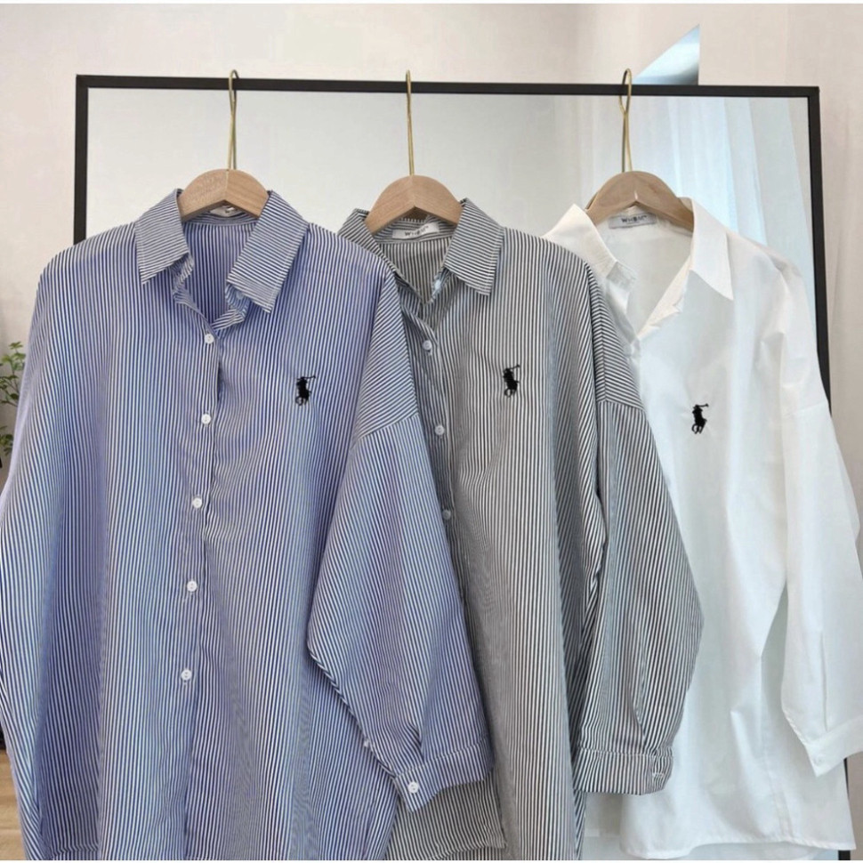 Áo sơ mi kẻ sọc thêu logo ngựa dài tay túi ngực