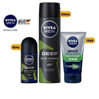 Bộ 3 NIVEA MEN Ngăn mùi hương rừng Amazon & Sữa rửa mặt hạt mat-xa kiểm soát nhờn (85371+85370+84428)