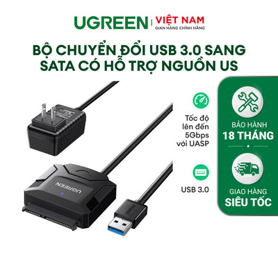 Dây chuyển đổi USB 3.0 sang SATA kèm dây nguồn 12V2A dài 50CM UGREEN CR108 | Đọc ổ cứng lên đến 12TB | ]Tốc độ tới 6Gbps