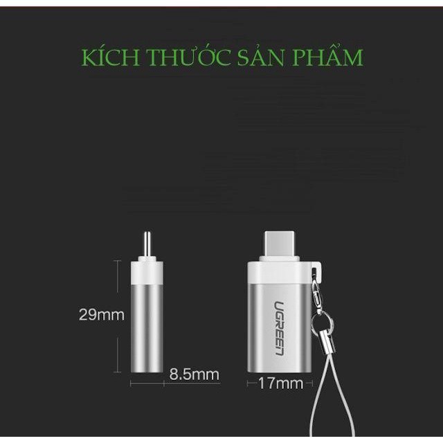 Đầu chuyển đổi cổng USB 3.0 sang Type C đực UGREEN US270 | Hỗ trợ OTG | Có dây gắn móc treo chìa khóa| Bảo Hành 18 Tháng | BigBuy360 - bigbuy360.vn