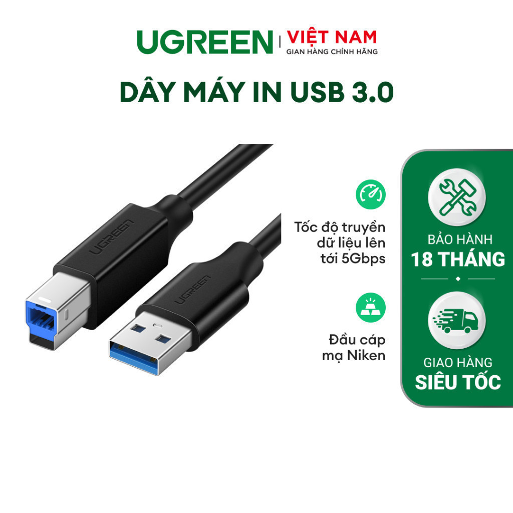 Cáp máy in cổng USB 3.0 UGREEN US210 | Đầu mạ Niken | Tốc độ truyền dữ liệu 5Gbps | Bảo hành 18 tháng | 30753 10372