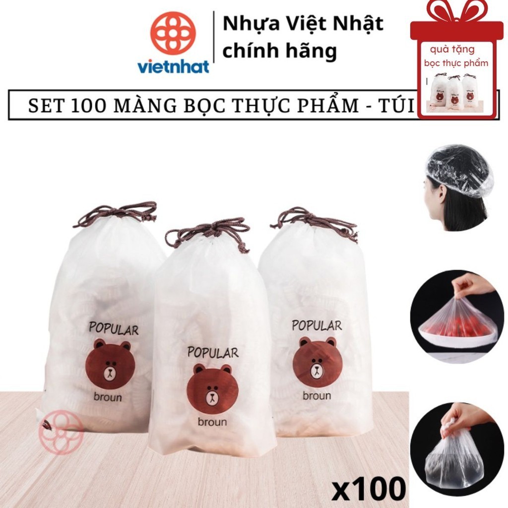 Set 100 chiếc màng bọc thực phẩm co giãn siêu dai có chun tặng túi gấu - Nhựa Việt Nhật chính hãng