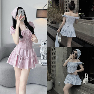 (FreeShip) [Tặng Kèm Khăn] Set Áo Kẻ Bệt Vai Mix Chân Váy Xòe Chất Thô Đũi Đi Biển Siêu Hot