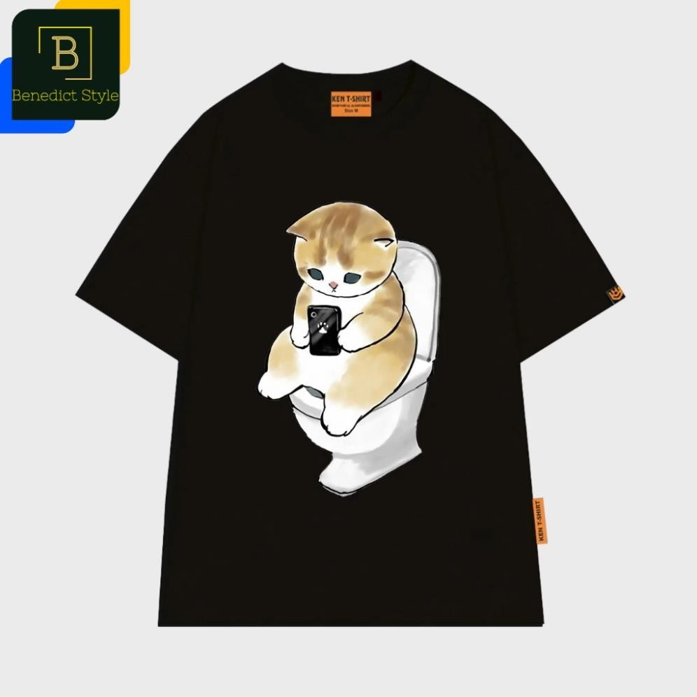 Áo thun unisex con Mèo ngồi toilet xài điện thoại vui nhộn cat shirt UT