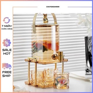 Bộ bình nước thủy tinh 4 cốc kèm giá đỡ sang trọng thể tích 3,6l, bộ bình ly thủy tinh chịu nhiệt kèm kệ