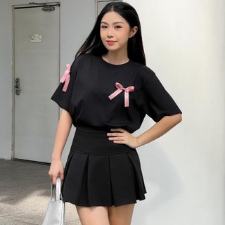 Áo Thun - ĐÍNH RUY BĂNG CẶP NƠ NHỎ unisex CAO CẤP form basic, dễ thương, đáng yêu HU