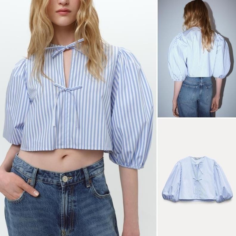 Zara Áo sơ mi ngắn cổ tròn nơ vải sọc xanh trẻ trung  - Zara made in Morocco full tag