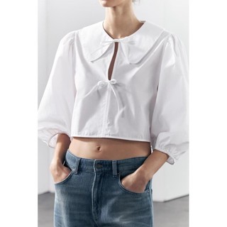 Zara áo croptop trắng cổ búp bê buộc nơ xinh  - Zara made in Morocco full tag