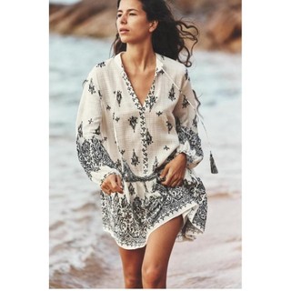 Zara đầm babydoll in họa tiết viền gầu boho xinh- Zara made in Morocco full tag