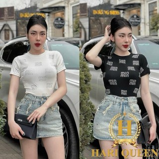 Áo croptop Miu Min Map in chữ toàn thân siêu đẹp HARIQUEEN - Áo croptop body ngắn tay in kín cá tính siêu hot 2024