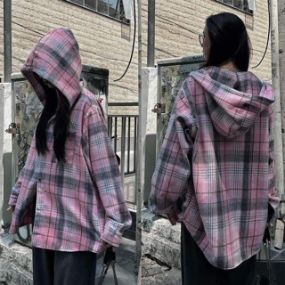 Áo Sơ Mi FLANNEL SHIRT Kẻ Caro Dài Tay Có Mũ Form Rộng Unisex Nam Nữ , Áo Chống Nắng Cúc Bấm Nam Nữ