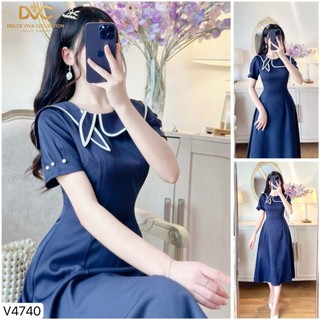 [SIÊU SALE 11-11] [RẺ VÔ ĐỊCH] [Chính Hãng] Váy Xòe Xanh Cổ Tròn Đáp Lá Viền Trắng, Cộc Tay Đính Ngọc V4740 - DVC