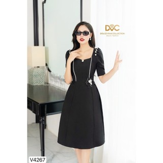 Váy, Đầm Thiết Kế DVC Nữ -  Váy Xòe Đen Dáng A Phối Kẻ Trắng, Cổ Vuông, Ngọc Vai V4267 - DVC DOLCE VIVA COLLECTION