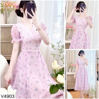 Váy, đầm thiết kế dvc nữ - váy xòe tím hoa, cổ sen voan trắng, cộc tay v4903 - dvc dolce viva collection