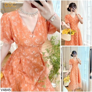 Váy, Đầm Thiết Kế DVC Nữ -  Váy Xòe Cam Hoa Trắng Cổ V, Cộc Tay V4845 - DVC DOLCE VIVA COLLECTION