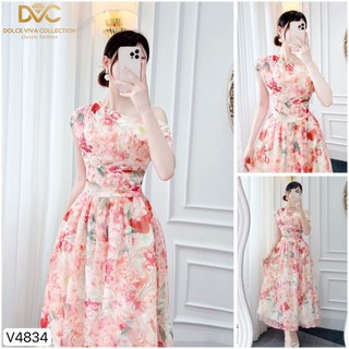 Váy, đầm thiết kế dvc nữ - váy hoa cam xòe lệch vai v4834 - dvc dolce viva collection