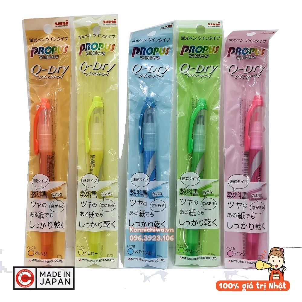 Bút dạ quang 2 đầu UNI Propus Q-Dry nhanh khô cỡ 0.4mm và 4mm - hàng nội địa Nhật Bản