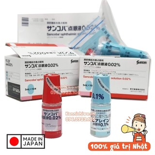 Nước nhỏ mắt Sancoba Hyarein 1% (xanh) & Ophthalmic 0.02% (đỏ) 5ml hàng nội địa Nhật cho người cận thị và khô, mỏi mắt