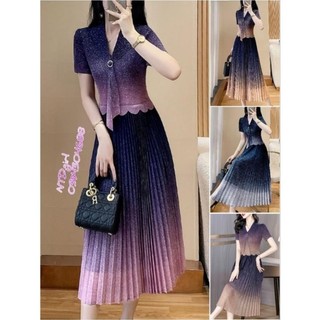 472024 Hàng nhập - Đầm dáng xòe lụa xếp li free size cổ vest phối cravat, váy dự tiệc Quảng Châu phối màu gradient