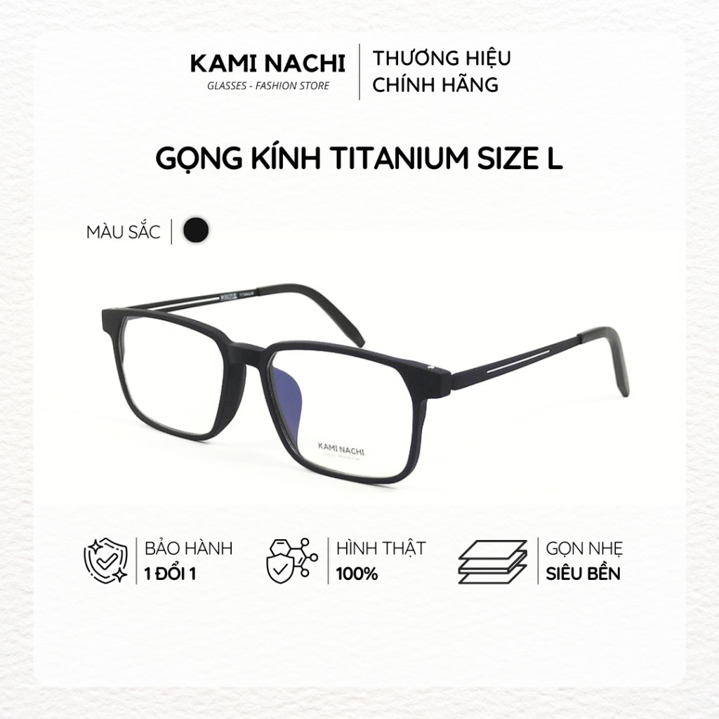  Gọng kính Titanium đen nhám dáng vuông thanh mảnh KAMI NACHI phong cách tối giản vuông Size L 