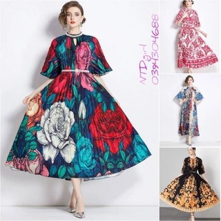(260624) Hàng nhập - Đầm dáng xòe lụa xếp li free size cổ tròn xẻ V, váy dự tiệc Quảng Châu tay lỡ form dài maxi