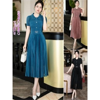 (260624) Hàng nhập - Đầm dáng xòe lụa xếp li free size tay ngắn, váy dự tiệc Quảng Châu cổ sen kèm belt