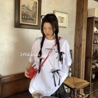 Áo phông cotton tàu in + đính nơ form rộng phong cách Coquette Hàn Quốc NÂ