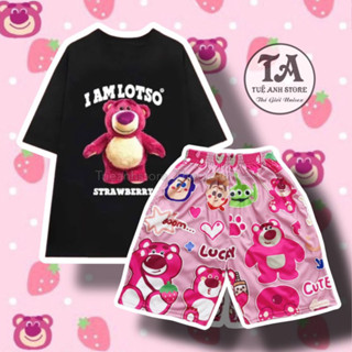 Set Bộ Đùi Gấu Dâu Lotso cotton quần áo hoạt hình hoạ tiết cute - Bộ mặc nhà Cartoon form rộng Unisex nam nữ