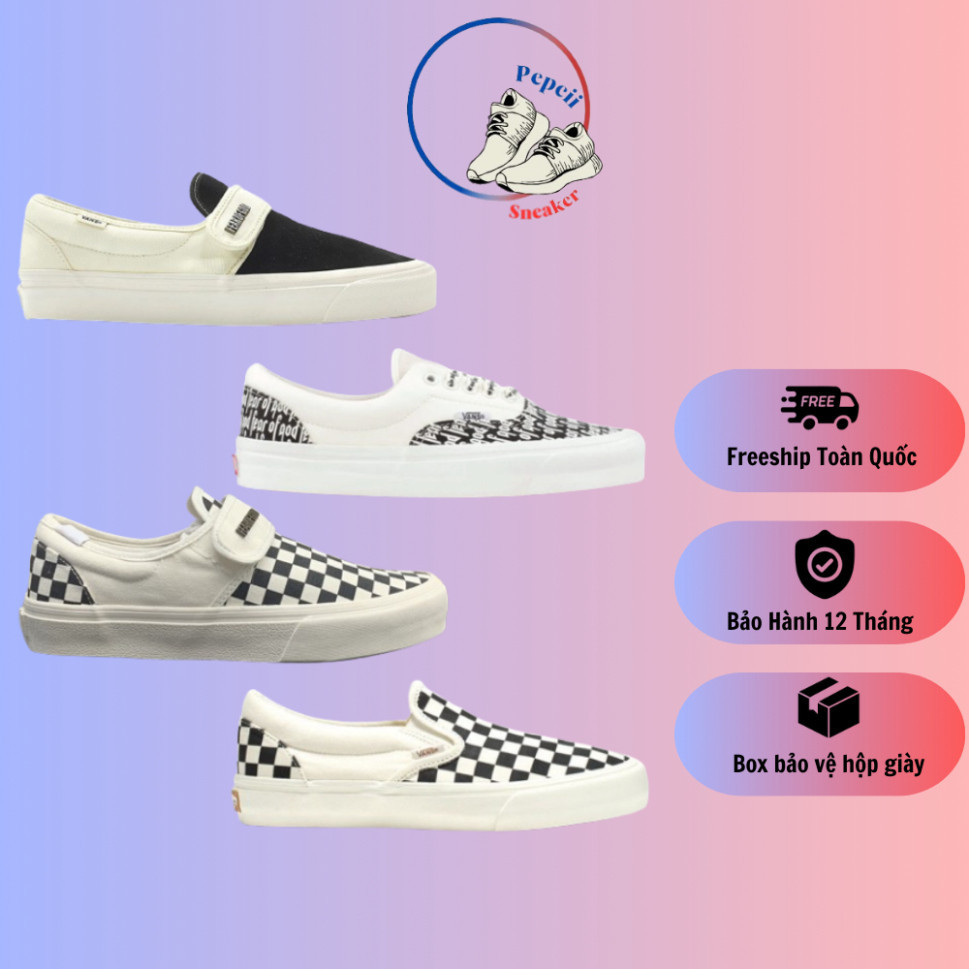 Giày Vans Slip On Strap Fear Of God caro đen trắng và Van đen vault chữ buộc dây Hot trend thể thao 