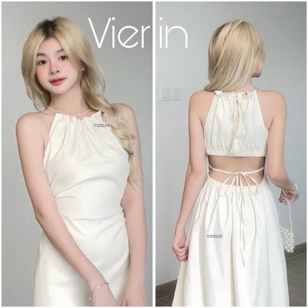 Đầm Maxi Mina Dress Cổ Yếm Khoét Lưng Dây Nối Dáng Suông Dài Xếp Ly Tiểu Thư Nữ Tính Đi Chơi Cafe Du lịch - Vierlin V69