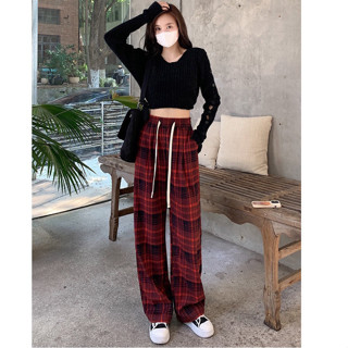 Quần ống rộng nữ kẻ caro lưng cao cạp chun SAM họa tiết sọc vải dạ dày dặn ống suông dài 100cm