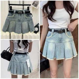 Chân váy jeans xếp ly, chân váy bò xếp ly kèm đai phong cách cá tính hàn quốc siêu xinh
