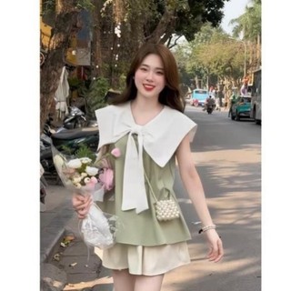 Set áo babydoll, cổ buộc nơ mix chân váy xòe, bộ đồ nữ cổ thuỷ thủ mix chân váy xinh xắn