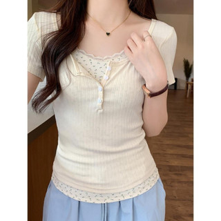 1 Áo Thun Tay Ngắn Ren Trim Dáng Ôm Hở Vai In Họa Tiết Hoa Thời Trang Mùa Hè Xinh Xắn Cho Nữ Siêu Cute A43