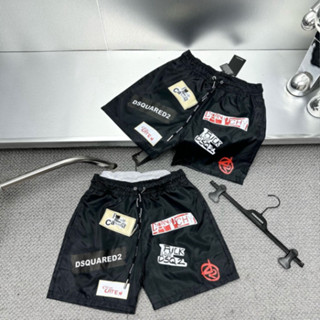 Quần Short Gió Nam DSQ Đen In Hoạ Tiết Vạch Chữ Dsq2 Caten Dọc Đùi Phối Dây Rút Dệt Chữ Basic Dành Cho Anh Em Boy Phố