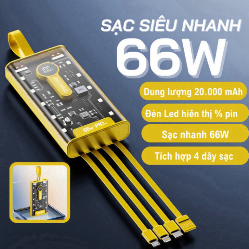 Pin Sạc Dự Phòng trong suốt sạc nhanh Y698 20.000MAH đèn Led sạc nhiều thiết bị dung lượng lớn new HOT-VINATECH