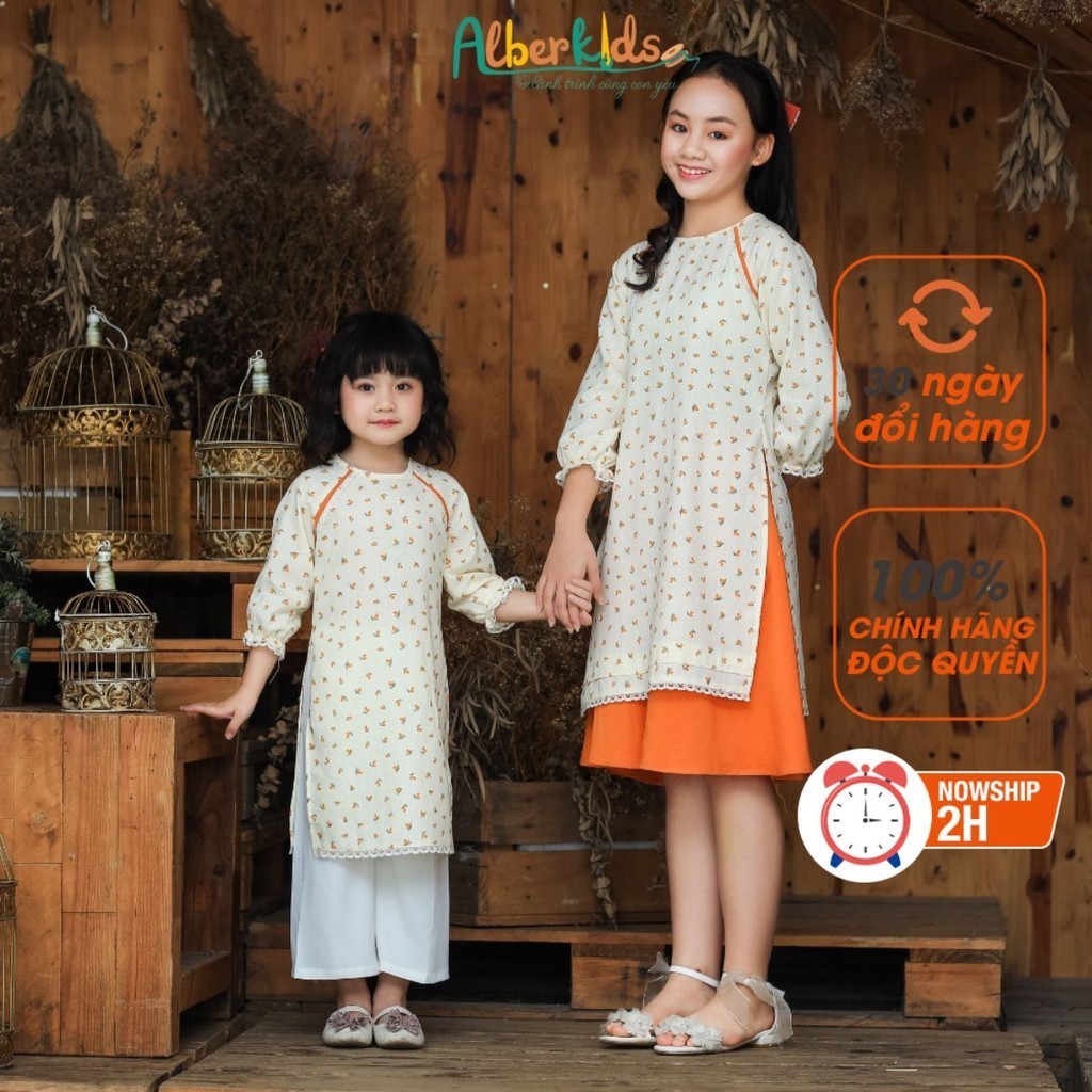 Áo dài bé gái ALBERKIDS họa tiết quả cam cho trẻ em 2,3,4,5,6,7,8,9,10 tuổi