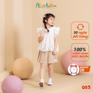 Sét đồ bộ bé gái ALBER áo sơ mi trắng ren chân, chân váy xếp ly cho trẻ em 5,6,7,8,9,10,11,12 tuổi [A08, Q07]