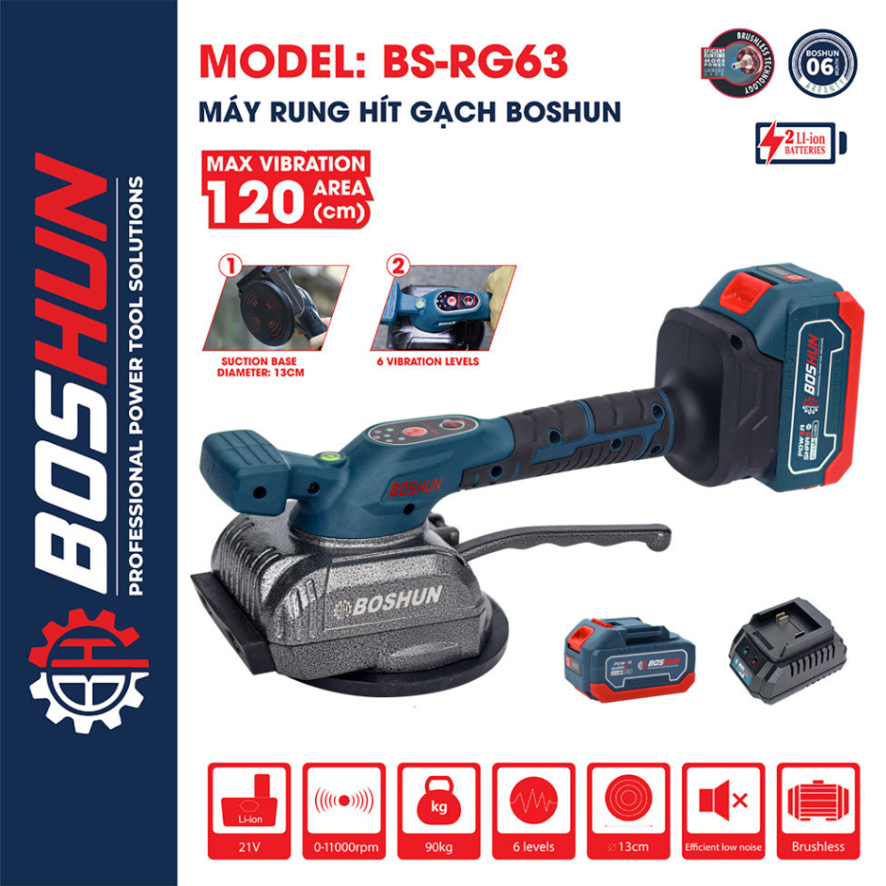 Máy Rung Gạch Không Dây BOSHUN BS-RG63 Lực hút 90kg - Máy Lát Gạch Men - Ốp Gạch Tiện Dụng