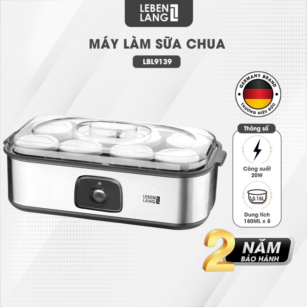 Máy làm sữa chua Lebenlang LBL9139, 20W, 180ml, gồm 8 lọ thủy tinh, bảo hành 2 năm - hàng chính hãng